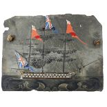 A Cornish roof slate with scratched and enamelled decoration of a three masted ship,