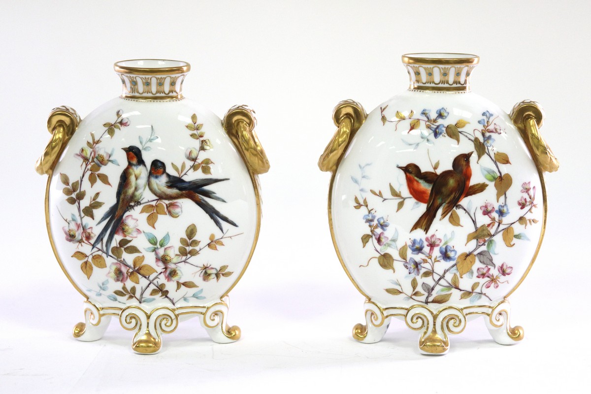 A pair of Derby Crown moon flasks decorated birds,