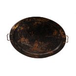 A Clay patent black lacquer papier-mâché tray with gilded lacquer willow pattern decoration,