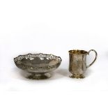 A silver Christening mug, Martin & Hall, Sheffield 1902, 11cm high and a silver bowl,