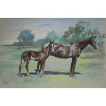 Anton Lock (1893-1970)/Horse and Foal/signed/pencil and crayon, 25.5cm x 35.
