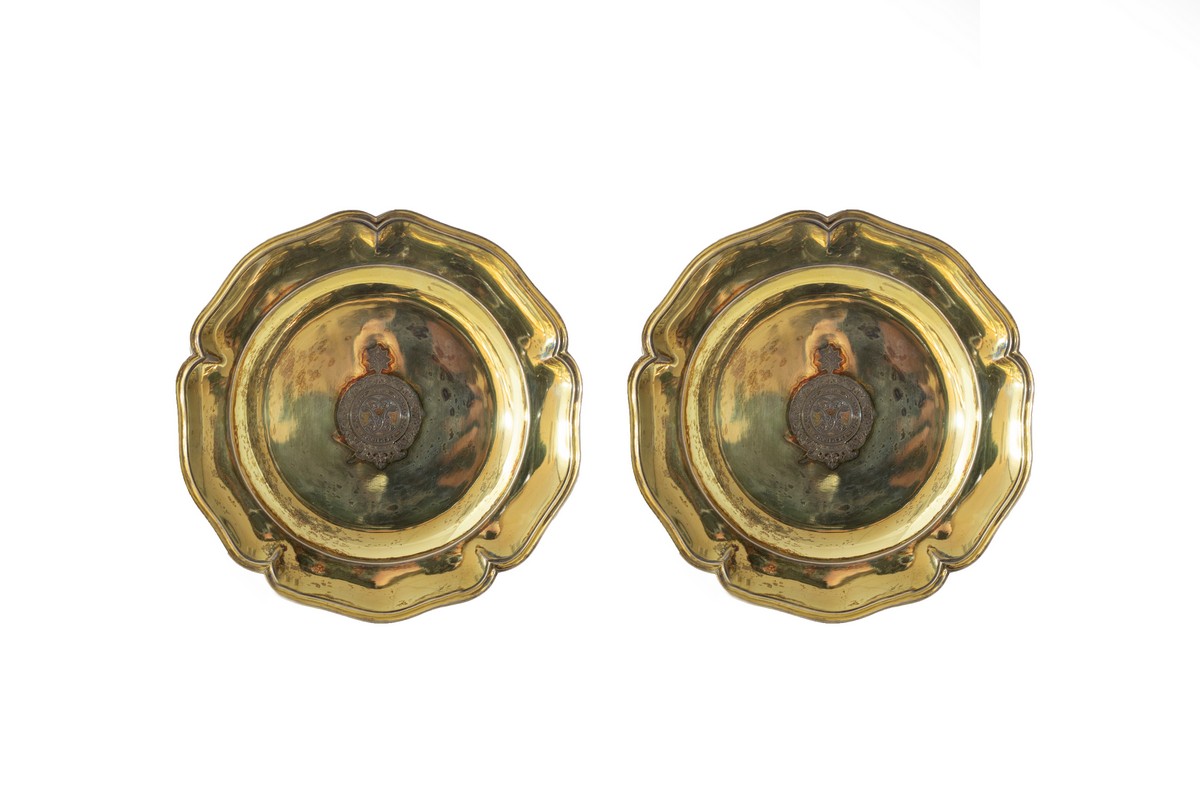 A pair of Victorian silver gilt plates, James Garrard, London 1888,