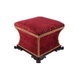 A William IV ottoman stool upholstered in crushed velvet with rosewood scrolled feet,