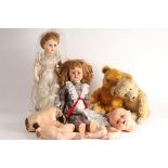 Two vintage Teddy bears and various dolls,