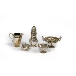 A Queen Anne style silver sugar caster, London 1902, 20cm high, a silver jug,