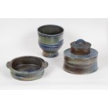 Three salt glazed stoneware vessels, Jane Hamlyn (born 1940), comprising an oval box and cover,