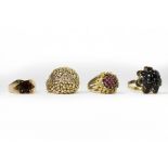 A 9ct gold ring of hobnail design, size N and three gem set dress rings,