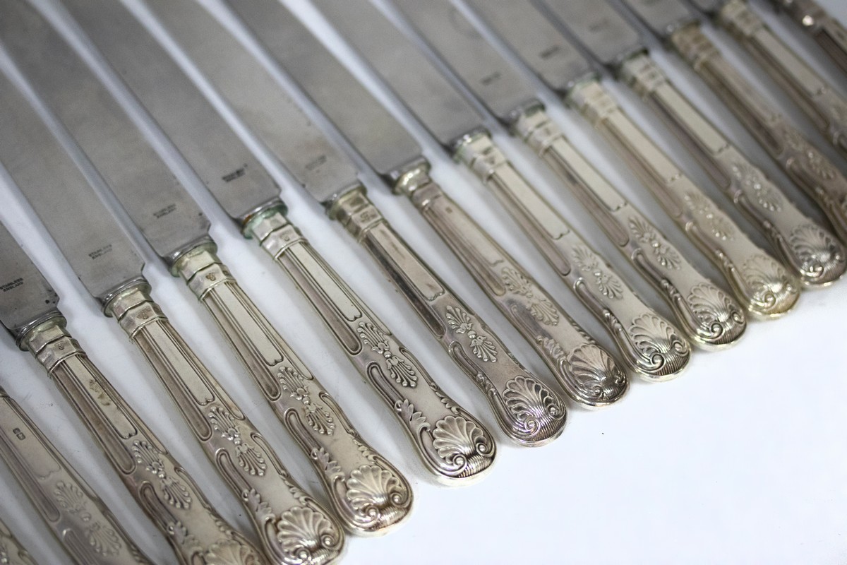 A matched set of King's pattern silver handled knives, various makers, comprising nine table - Image 2 of 2