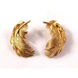 A pair of Italian 18ct yellow gold ear clips of feather form, each 32mm long,