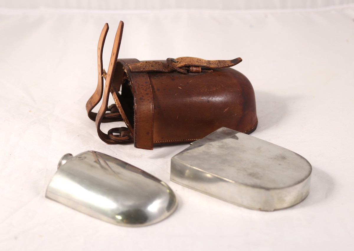 A leather cased sandwich box and hip flask, James Dixon & Sons,