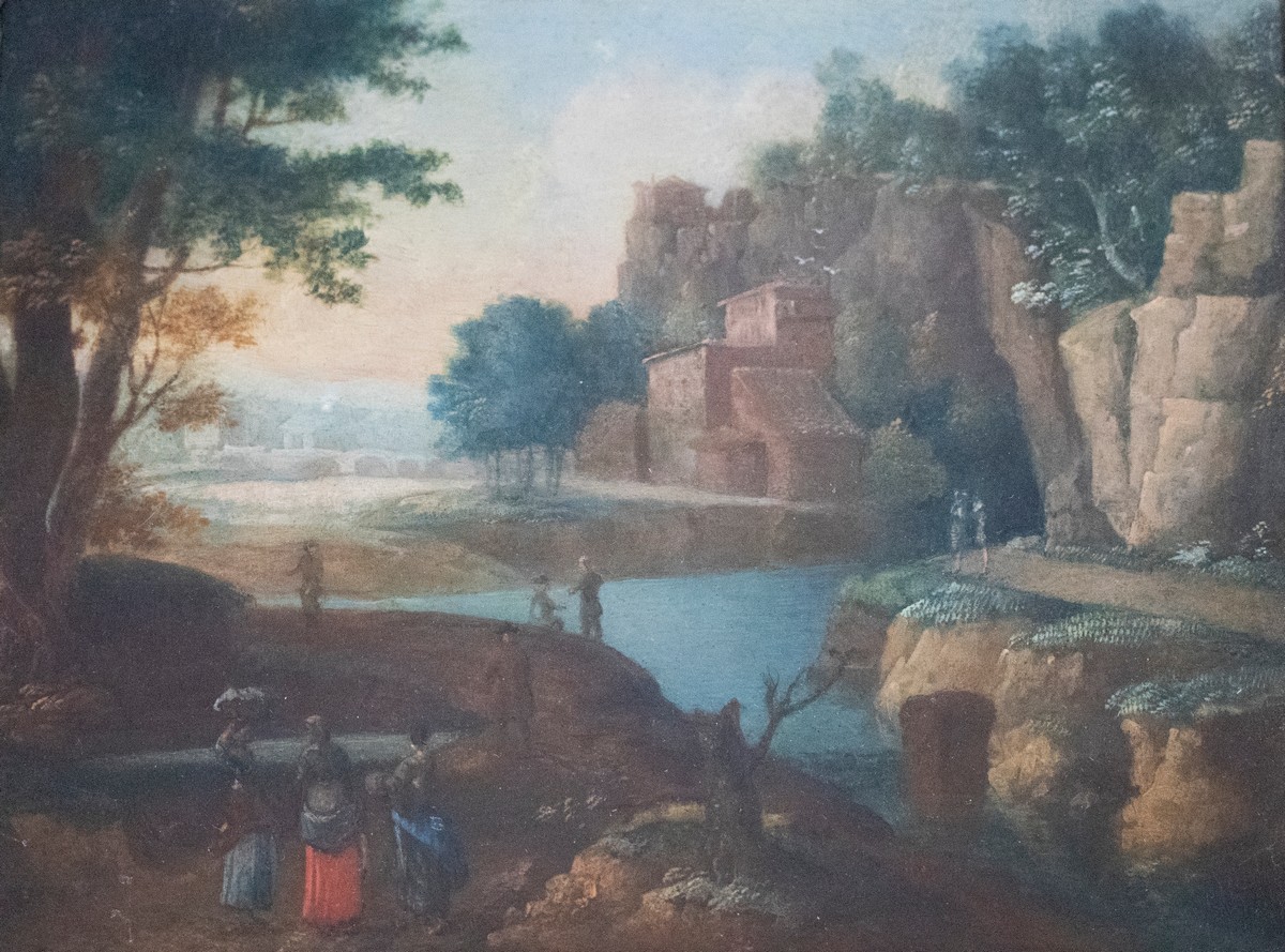 Manner of Paul Brill/Figures by a Lake/in an Italianate landscape/oil on panel,