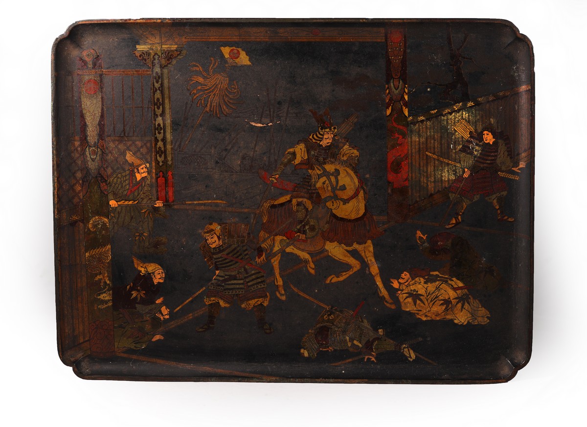 A papier-mâché tray decorated Samurai, - Image 2 of 3