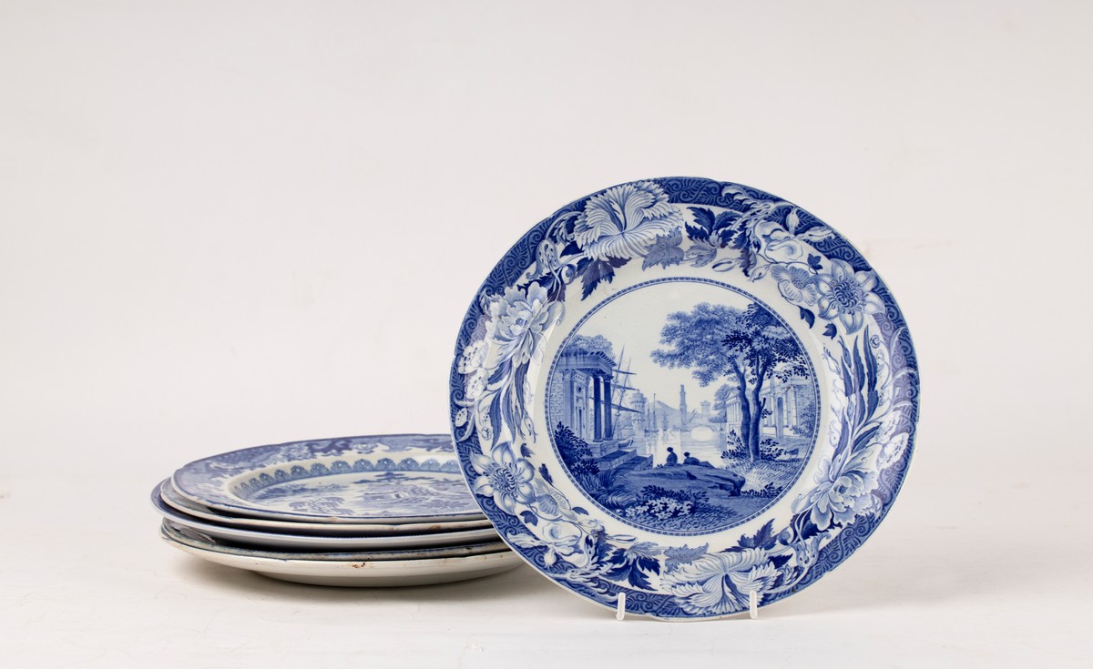 Four pearlware blue and white plates and two others, circa 1810-1890,