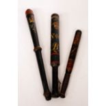 Two William IV painted truncheons and another marked Constable, the largest 53.