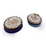 Two early 19th Century Bilston enamel patch boxes, one inscribed 'Let Not Abfence Banish Love',