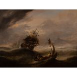 19th Century English School/Shipping on a Rough Sea/three men in a small boat to the foreground/oil