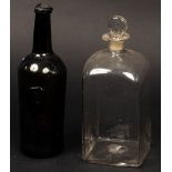 An English green glass wine bottle of cylindrical form, circa 1800, applied with B seal, 28.