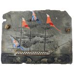 A Cornish roof slate with scratched and enamelled decoration of a three masted ship, 60cm x 80.