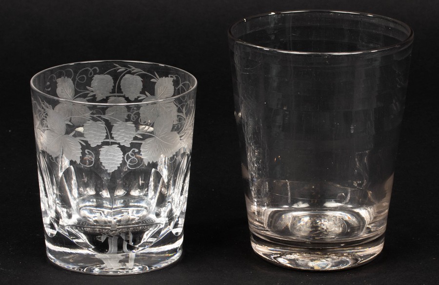 An English Lynn glass tumbler, 18th Century, the tapering sides with ribbed bands,