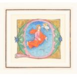 An early 15th Century illuminated letter O depicting Christ's Ascension within the letter,