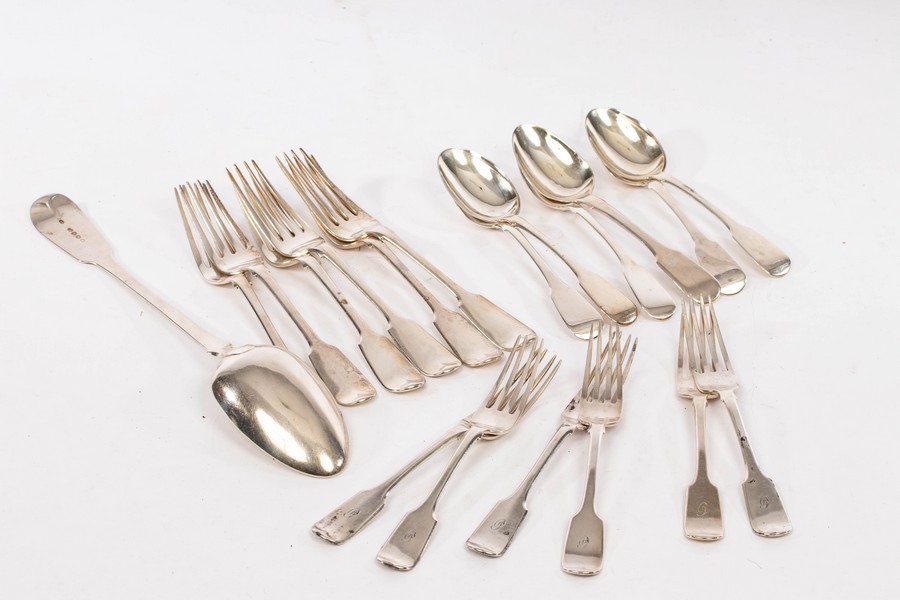 A matched part canteen of Old English pattern silver flatware, various dates and makers,