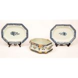 A pair of French faience meat plates, 33cm wide and a faience entrée dish,