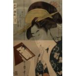 Three Japanese woodblock prints depicting Bijn (beauties) by Utamaro