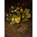 John Fitz Marshall (1859-1932)/Birds Nest with Eggs Below Primroses on a Bank/inscribed verso J