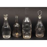 An engraved glass carafe named for Claret in a union flower cartouche,