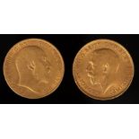 An Edward VII gold half sovereign, 1905 and a George V half sovereign,