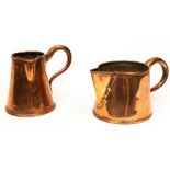 A Georgian copper ale jug, 13cm high and a copper quart measure,