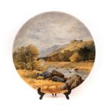 A Worcester wall plate, depicting figures in a river landscape, indistinctly signed J T Callowhill,