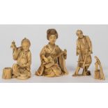 Three Japanese carved ivory Okimono, Meiji period, one depicting a seated female musician,