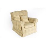 A square framed armchair upholstered in ochre ground check fabric