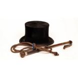 An otter hunting whip by Maxwell, London and a black silk top hat by Woodrow, London, 55.