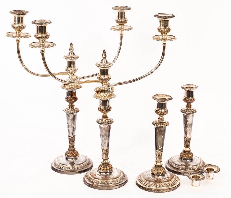 Four Sheffield plated candlesticks with two, two-branch candelabra attachments,