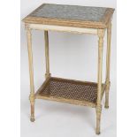 A Louis XVI style side table, the rectangular top with inset hardstone panel on fluted legs,