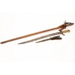 A 19th/20th Century artillery officers' sword with leather scabbard and a bayonet