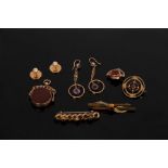 A quantity of gem set jewellery mainly in 9ct gold, including ear pendants, a bar brooch,