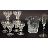 A set of six glass rummers, a Moser champagne flute and a cut glass ice bucket decorated an otter,