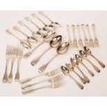 A matched canteen of silver fiddle pattern flatware, various dates and makers,