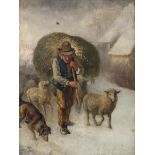 19th Century English School/Farmer Taking Hay to his Sheep in the Snow/oil on canvas, 61cm x 45.