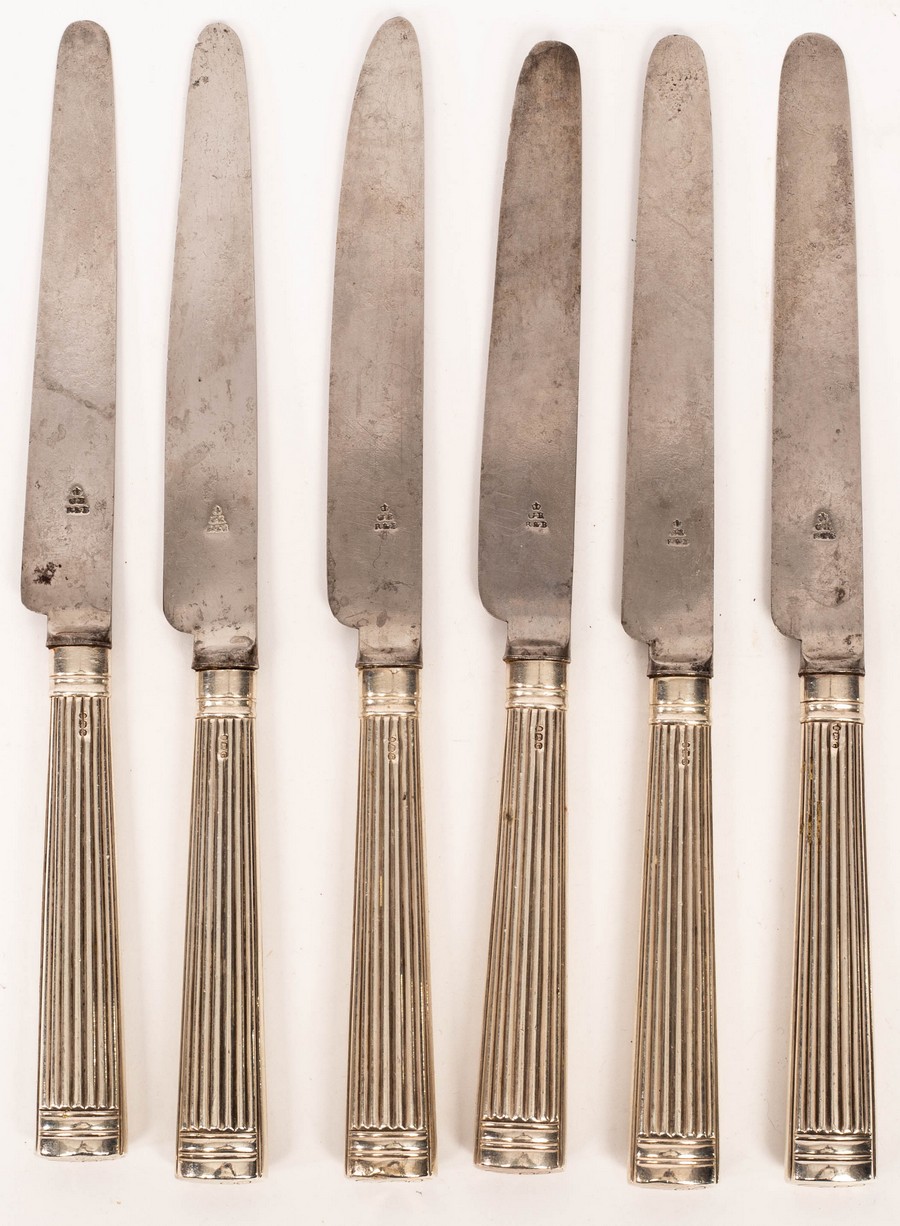 A set of six George III silver handled knives, Moses Brent, London 1802,