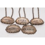 Five George III silver decanter labels, John Robins, London 1817 (4) 1818 (1),