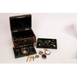 A quantity of jewellery including silver watch fobs, two damaged pocket watches,