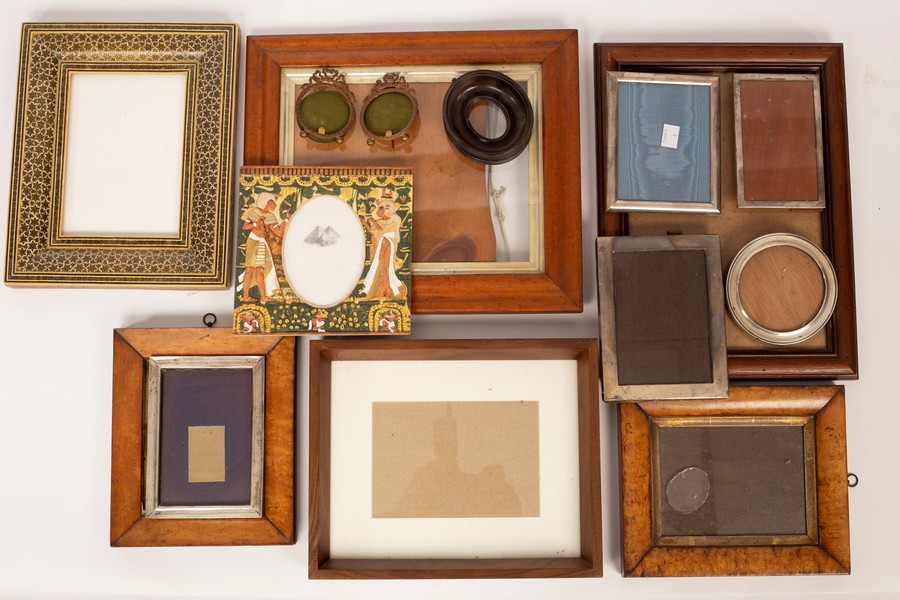 Sundry picture and photograph frames including silver and bird's eye maple examples