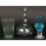 A green soda glass carafe with pinched neck, 23cm high,