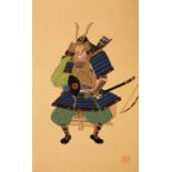 A Japanese hanging scroll depicting a fully armoured Samurai, 19th Century,