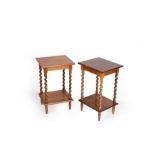 A pair of oak bedside tables on spiral supports,