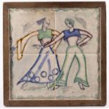 Poole Pottery, a four-tile panel, Art Deco style figures, mounted in a wooden frame,